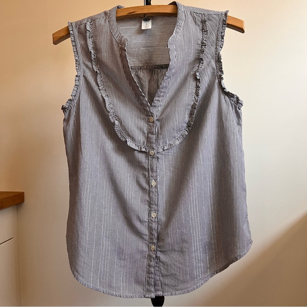 Old Navy Blue & White Ruffle Trim Blouse